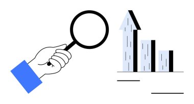 Yükselen eğilimi ve büyümeyi gösteren bir çubuk grafiğe odaklanan bir büyüteçle. Analiz, araştırma, iş stratejisi, finansal büyüme, veri içgörüsü, performans değerlendirmesi için ideal