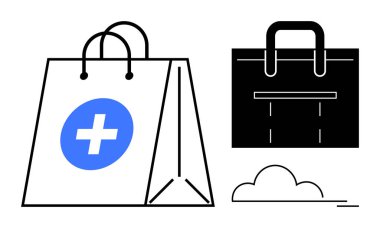 Sağlık hizmetleri erişimini vurgulayan mavi haçlı ve siyah çantalı tıbbi temalı alışveriş çantası. Eczane, tıbbi malzeme, e-ticaret, çevrimiçi alışveriş, sağlık hizmetleri lojistiği, dağıtım hizmeti için ideal