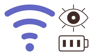 Kablosuz sinyal, göz ve pil seviyesi bağlantı, enerji ve çevrimiçi gözetlemeyi sembolize ediyor. Teknoloji, iletişim, siber güvenlik, ağ güç yönetimi yeniliği için ideal basit