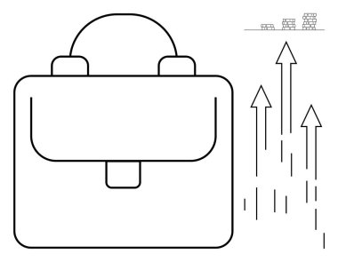 Evrak çantası ve yukarı bakan oklar iş başarısını, kariyer gelişimini ve ekonomik ilerlemeyi simgeliyor. Uzakta birikmiş paralar zenginlik ve finansal büyüme bağlamına eklenir. İş için ideal
