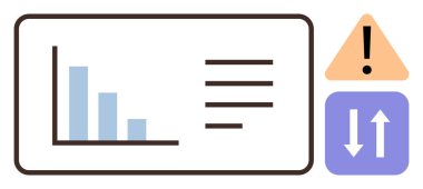 Uyarı, analiz ve değişimi temsil eden çift yönlü oklar ve üçgen uyarı işaretinin yanında etiketli bar tablosu. İş, analitik, araştırma, risk, karar verme, veri akışı için ideal