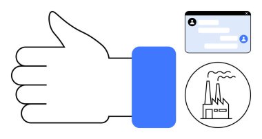 Onaylamayı sembolize eden el hareketi iletişim için sohbet penceresi ve sanayi ve imalat için bir fabrika ikonu. İşbirliği, takım çalışması, mesajlaşma, iş dünyası ve teknoloji için ideal