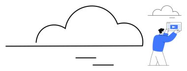 Elinde bir tablet olan ve video içeriğini buluta yerleştiren bir adam. Minimalist tarzda. Teknoloji, bulut hesaplama, veri yönetimi, çevrimiçi depolama, dijital dönüşüm, uzaktan çalışma, basit