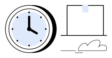 Kapalı bir paket ve teslimatı, dakikliği ve iş akışı verimliliğini temsil eden bulut elemanının yanında saat. Lojistik, zaman yönetimi, üretkenlik, nakliyat, organizasyon, planlama için ideal