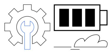 İngiliz anahtarlı dişli araçları ve mühendisliği simgeler, pil ikonu enerji seviyelerini gösterir ve bulut dijital yeniliği anımsatır. Sürdürülebilirlik, mühendislik, teknoloji, bulut hesaplama için ideal