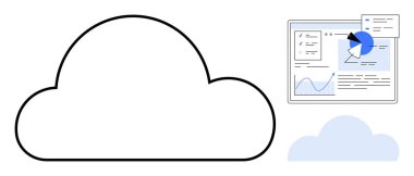 Bulut şekli, analitik torpido gözü, pasta grafiği, çizgi grafiği, genişleyen bulut hesaplaması. Dijital dönüşüm için ideal, büyük veri, yapay zeka çözümleri, iş anlayışı bilişim hizmetleri veri görselleştirme