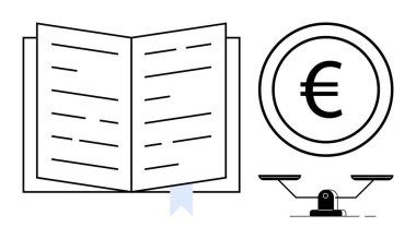 Açık kitap, Avrupa para birimi ve dengeli ölçek finansal okur yazarlık, eğitim, adalet ve ekonomik dengeyi simgeler. Finans, eğitim, adalet eşitliği yatırım karar verme süreci için ideal
