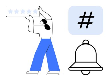 Beş yıldızlı bir derecelendirme çubuğu tutan kişi, bildirim zili ve meta veri etiketi sembolü inceleme, müdahale, güncelleme, paylaşım, geri bildirim, dijital medya konseptini yansıtır. Sosyal büyüme için ideal