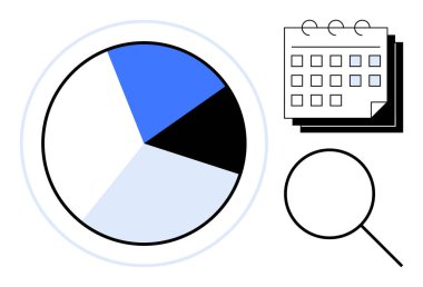 Veri segmentli pasta tablosu, takvim çizelgesi, detaylı analiz için büyüteç. İş, planlama, pazarlama, organizasyon, strateji araştırma eğitimi için idealdir. Basit düz