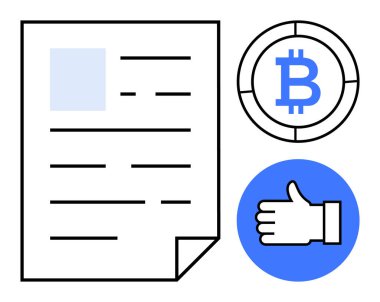 Satır araları, Bitcoin parası ve canlı renklerde başparmak kaldırma simgesi. Finans, kripto para birimi, engelleme zinciri, yatırım, onay, dijital ekonomi için ideal basit iniş sayfası