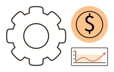 Dolar simgesinin ve yükselen grafiğin yanında dişli mekanizması. İş, finans, yatırım, üretkenlik, analiz, ekonomi ve yenilik için ideal. Basit düz metafor