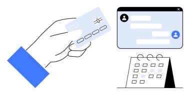 El ele tutuşan kredi kartı, çevrimiçi sohbet arayüzü ve takvim düzeni. Ödeme sistemleri, e-ticaret, programlama, iletişim, dijital bankacılık, üretkenlik için ideal basit iniş sayfası