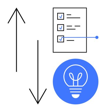 İşaretli görevleri olan kontrol listesi, fikirleri sembolize eden ampul, seçenekleri veya hareketleri gösteren oklar. Üretim, planlama, karar verme, yenilik, stratejiler ve organizasyon için idealdir.