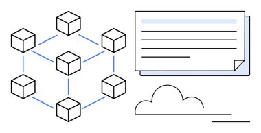 Metin panelleri ve bulut aracılığıyla veri alışverişi yapılan bir engelleme ağını temsil eden bağlı küpler. Engelleme zinciri, veri paylaşımı, bulut hesaplama, ağ oluşturma, dijital defter, veritabanı için ideal