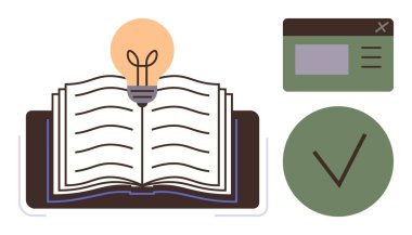Üzerinde ampul, yeşil işaret ve tarayıcı pencere simgesi olan kitabı aç. Eğitim, öğrenim, araştırma, yenilik, onaylama, kütüphaneler için ideal basit düz metafor