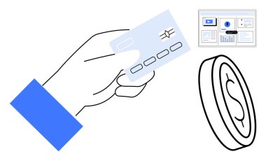 El ele tutuşan kredi kartı, para, para birimini sembolize eden para ve dijital işlemleri gösteren finansal gösterge tablosu. Ödeme, bankacılık, ecommerce, bütçe, analiz, yatırım dijital için ideal