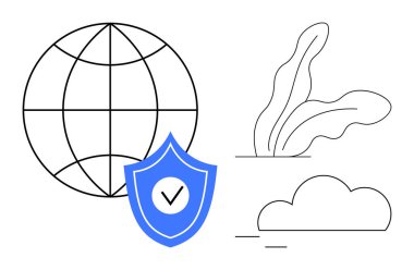 Mavi kalkanı ve işaretli bir dünya, siber güvenliği, çevresel bakımı ve dijital yeniliği temsil eden bitkiler ve bulutlar. Sürdürülebilirlik, teknoloji, eko-teknoloji, internet dijital için ideal