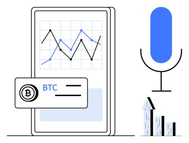 Şifreli akıllı telefon ekranı, BTC kartı kaplaması, mikrofon sembolü ve bar grafiği. Fintech, ticaret, analitik, ses teknolojisi, kripto para birimi işi için ideal basit iniş sayfası