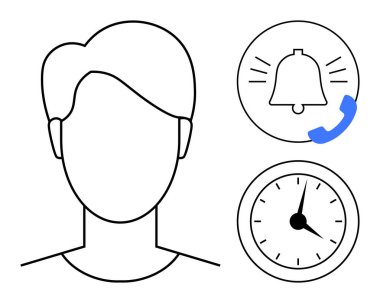 Baş silueti, telefon çağrısı oku ve saat simgesi olan bir uyarı çanının yanında. Zaman yönetimi için ideal, uyarılar, programlar, hatırlatıcılar, iletişim, organizasyon, asgari tasarım. Basit düz