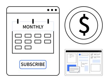Abone tuşu, dolar işareti simgesi ve çevrimiçi platformun UI modeli olan aylık takvim. E-ticaret, abonelik hizmetleri, iş, bütçe, teknoloji, finans pazarlama için ideal