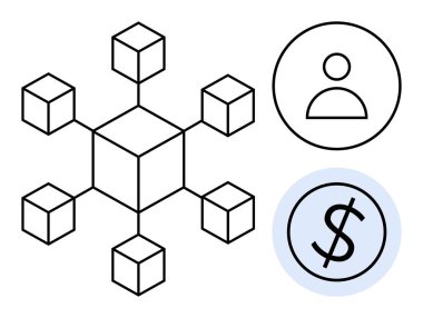 Birbirine bağlı küpler blok zinciri, kullanıcı profili simgesi ve finans için dolar işareti temsil ediyor. Kripto para birimi, teknoloji, finans, ademi merkeziyet, dijital ekonomi, ağ kurmak için ideal