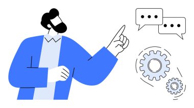 Mavi ceketli adam konuşma baloncuklarını ve vites göstererek takım çalışmasını, iletişimi, yeniliği ve stratejiyi gösteriyor. İşbirliği, tartışma, iş, liderlik, sorun çözme için ideal