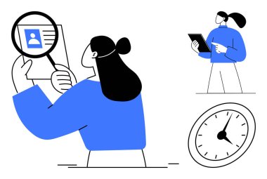 Bir kadın, profil kartını büyüteçle inceliyor, tablet okuyan başka bir figür, ve bir saat simgesi. İşe alım, zaman yönetimi, araştırma, değerlendirme, profil çıkarma ve çevrimiçi hizmetler için ideal