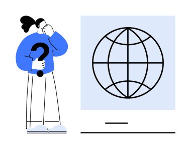 Bireysel soru işareti, ekranda dünya ikonu önünde kafa yoruyor. Problem çözme, küresel sorunlar, bağlantı, karar verme, teknoloji, öğrenme için ideal, basit düz metafor
