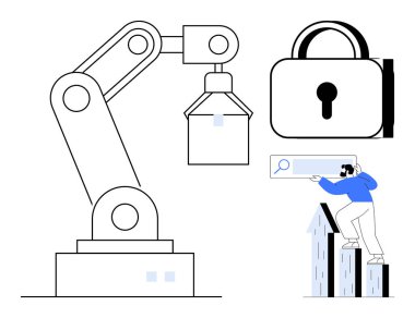 Endüstriyel robot kol, asma kilit, siber güvenliği simgeliyor arama çubuğu kullanan ve yükselen bir tablonun üzerinde duran kişi. Otomasyon, güvenlik, büyüme, yenilik, sanayi ve teknoloji için ideal