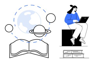 Gezegen elementleri, küre ve dizüstü bilgisayar kullanan bir kadınla dolu açık bir kitap. Eğitim, e-öğrenim, araştırma, teknoloji, küresel bağlantı, merak bilgisi için ideal