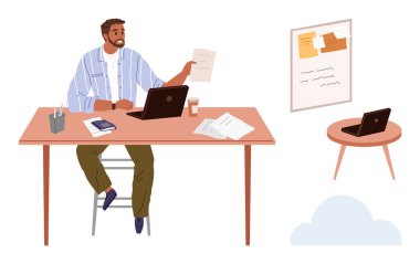 Masada oturan bir adam, elinde bir laptop ve ofis malzemesi olan bir kağıt tutuyor. Duvarda notlar var. İş için ideal, planlama, üretkenlik, beyin fırtınası, uzak çalışma organizasyonu için basit daire