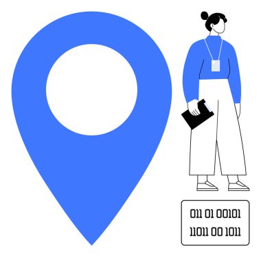 Elinde kocaman mavi harita işaretleyici ve ikili kodlu pano tutan kadın figürü. Teknoloji, veri analizi, coğrafi konum, navigasyon, geliştirme, eğitim için ideal, basit düz metafor