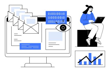 Bilgisayar ekranında e- postalar, ikili kodlar, ve bir göz simgesi, dizüstü bilgisayar kullanan bir kadın, yukarı doğru eğilimli grafikler. Teknoloji, e-posta, veri analizi, siber güvenlik iletişim büyümesi için ideal