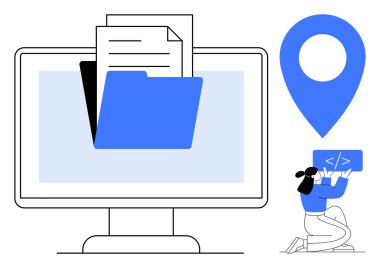 Dosyalı ve belgeli monitör, kod tutan kadın paneli, yer kodu. Dosya depolama, kodlama, yazılım geliştirme, dijital araçlar, organizasyon, basit iniş sayfası için ideal