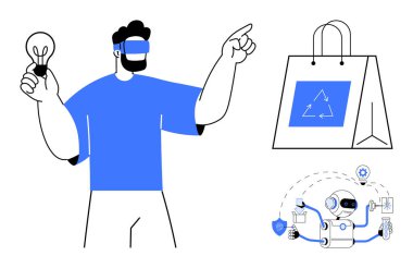 VR kulaklık takan adam ampulü tutuyor, çevre dostu alışveriş çantasına ve yapay zeka robotuna işaret ediyor. Yenilik için ideal, sürdürülebilirlik, VR, yapay zeka, eko-bilinç, akıllı teknoloji, basit düz