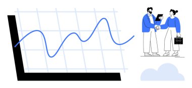 Şebeke eksenli yükselen çizgi grafiği, tablet tutarken el sıkışan iki profesyonel ve bir bulut. Ortaklık, takım çalışması, analitik, ilerleme, strateji, iletişim için ideal basit düz