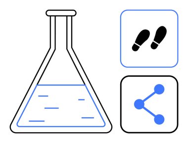 Bir ayak izi ikonu ve bağlı ağ ikonu ile birlikte sıvı içeren laboratuvar şişesi. Bilim, araştırma, teknoloji, yenilik, izleme, analitik, basit iniş sayfası için ideal
