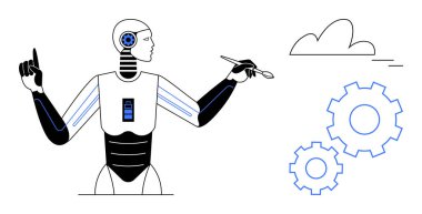 Fırça tutan insansı robot, bir bulut ve dişlilerle bağlantı kuruyor. Yapay zeka yeniliği, yaratıcılık, teknoloji, otomasyon, robot bilimi, dijital dönüşüm ve gelecekçi kavramlar için idealdir. Basit bir daire.