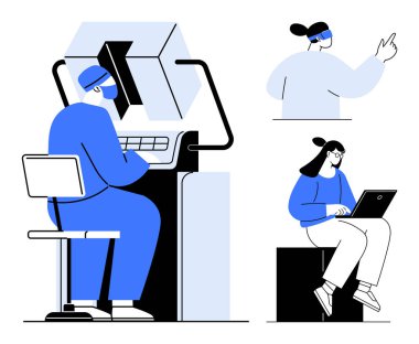 Çeşitli kullanıcıların bir bilgisayar, bir dizüstü bilgisayar ve jestlerle etkileşimi. Takım çalışması, işbirliği, ofis, teknoloji, iletişim üretkenliği tasarımı için ideal. Basit düz metafor