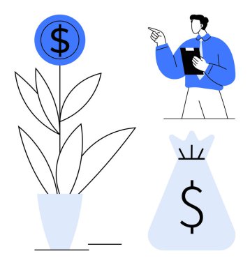 Dolar esinlenilmiş bitki büyümeyi simgeliyor, pano fikirlere jest yapan kişi ve para çantası. Finans, yatırım, planlama, tasarruf, strateji, başarı görselleştirme için idealdir. Düz