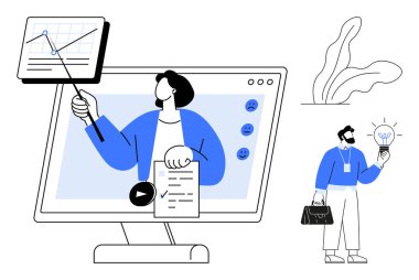 Sunucu ekranda verileri grafikle açıklıyor, fikir için profesyonel ampulü tutuyor. İş, eğitim, eğitim, danışmanlık, yenilik, analitik öğrenme kavramları için idealdir. Basit düz