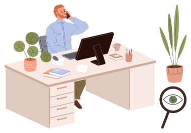 Masasında bilgisayar, gazete, kahve ve bitkilerle oturan akıllı telefon kullanan bir adam. Yakınlarda yeşil işaretli büyüteç. Üretkenlik, organizasyon, takım çalışması, uzaktan çalışma büyümesi için ideal