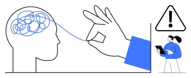 Beyindeki karmaşık çizgileri çözmek zihinsel berraklığı sembolize ediyor, elinde bir dosya olan biri tarafından denetleniyor. Akıl sağlığı, problem çözme, rehberlik, berraklık, terapi, analiz, basit