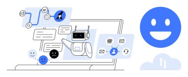 Sohbet robotlu dizüstü bilgisayar ekranı, mesajlar, iş akışı simgeleri, gülümseyen ve somurtan yüzler. Yapay zeka teknolojisi, müşteri desteği, otomasyon, iş akışı, dijital araçlar, basit iniş sayfası için ideal