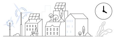 Güneş panelleri, rüzgar türbinleri, ağaçlar ve saati olan kentsel binalar yenilenebilir enerji, çevre dostu yaşam ve sürdürülebilirliği sembolize ediyor. Enerji, çevre ve gelecekteki yenilikçi şehir için ideal