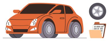 Pürüzsüz tasarımı olan turuncu bir araba, kopuk bir tekerlek ve ikili kodlu bir pano. Otomotiv, teknoloji, yenilik, araç bakımı, tanı, dijital tamir için ideal