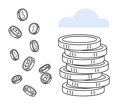 Bozuk paralar yüzer ve tek renkli bir bulutun yanında istiflenir. Kripto para birimi, dijital finans, engelleme zinciri, ekonomi, tasarruf, yatırımlar, teknoloji temaları için ideal. Basit.