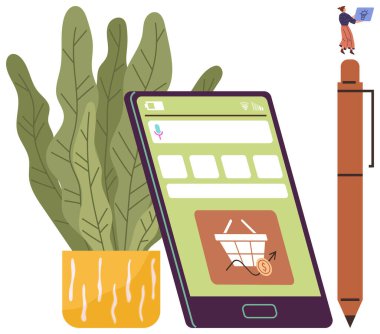 Akıllı telefon, alışveriş arabası ve tasarruf ikonu, saksı bitkisi, minyatür şekilli büyük boy kalem. E-ticaret, tasarruf, çevrimiçi alışveriş, yaratıcılık, teknoloji, dijital çözümler için ideal
