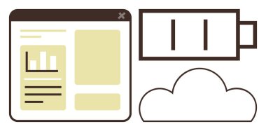 Bar tablosu, akü ikonu ve bulut anahatlarının birleştirildiği UI penceresi bulut hesaplama, güç yönetimi ve teknolojiyi temsil ediyor. Teknolojik çözümler, veri depolama, enerji ve modern araçlar için ideal