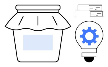 Mühürlü kapaklı kavanoz, kitaplar istiflenmiş ve içinde bilgi, yaratıcılık ve yeniliğin vurgulandığı donanım bulunan ampul. Öğrenim, yaratıcılık, iş, üretkenlik yenilik fikirleri için ideal